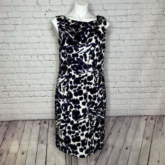Ann Taylor Navy Blue, Purple, Black, and Off White Abstract Spot Dress Size 12 - Picture 1 of 9